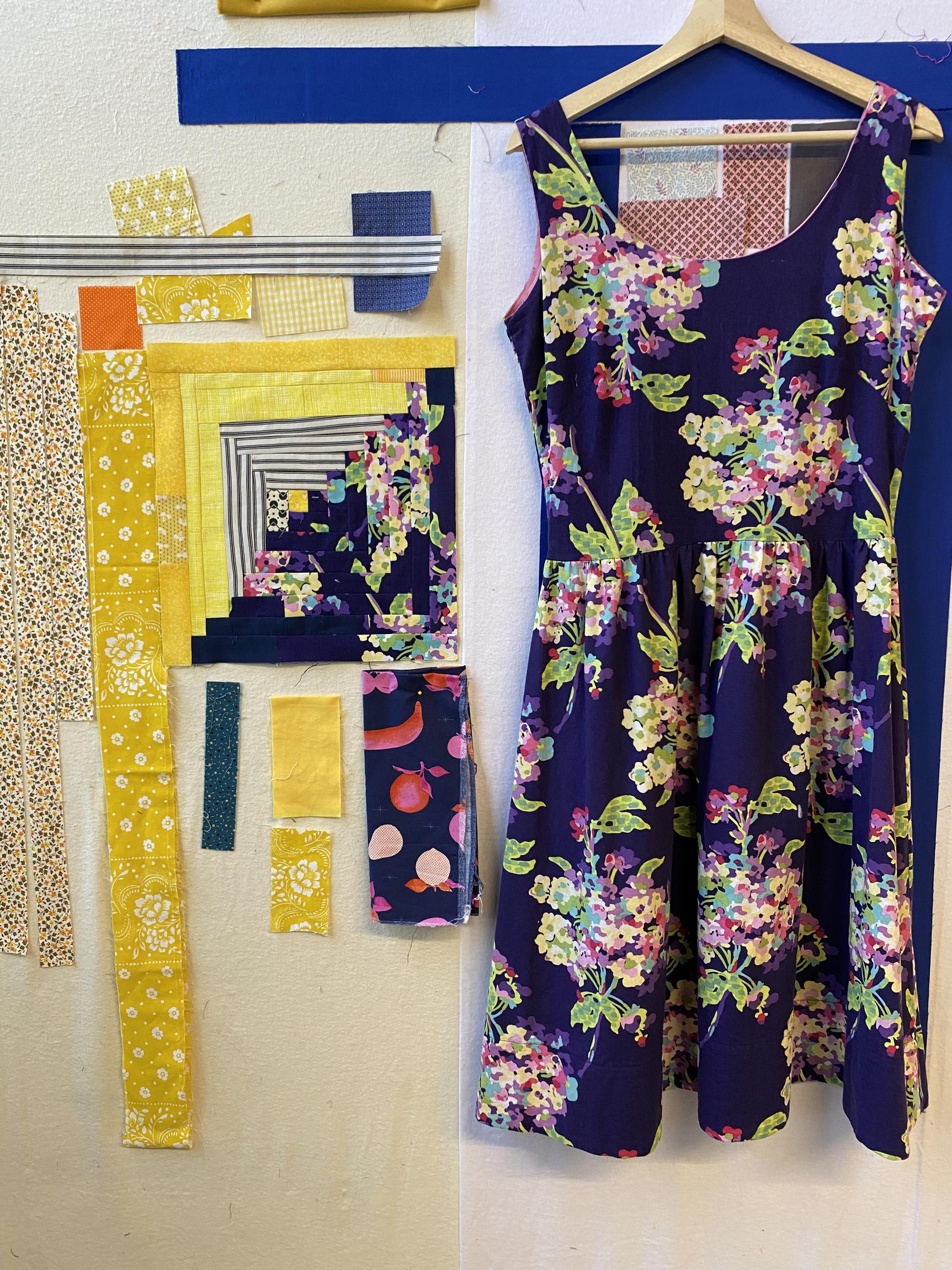 photo with a quilt in progress on the left, and the dress featuring the same fabric on the right