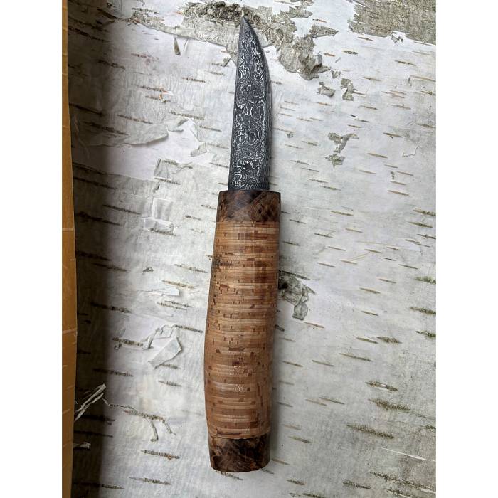 Teaser image for Damascus Blade with Birch Bark Handle and Leather Sheath